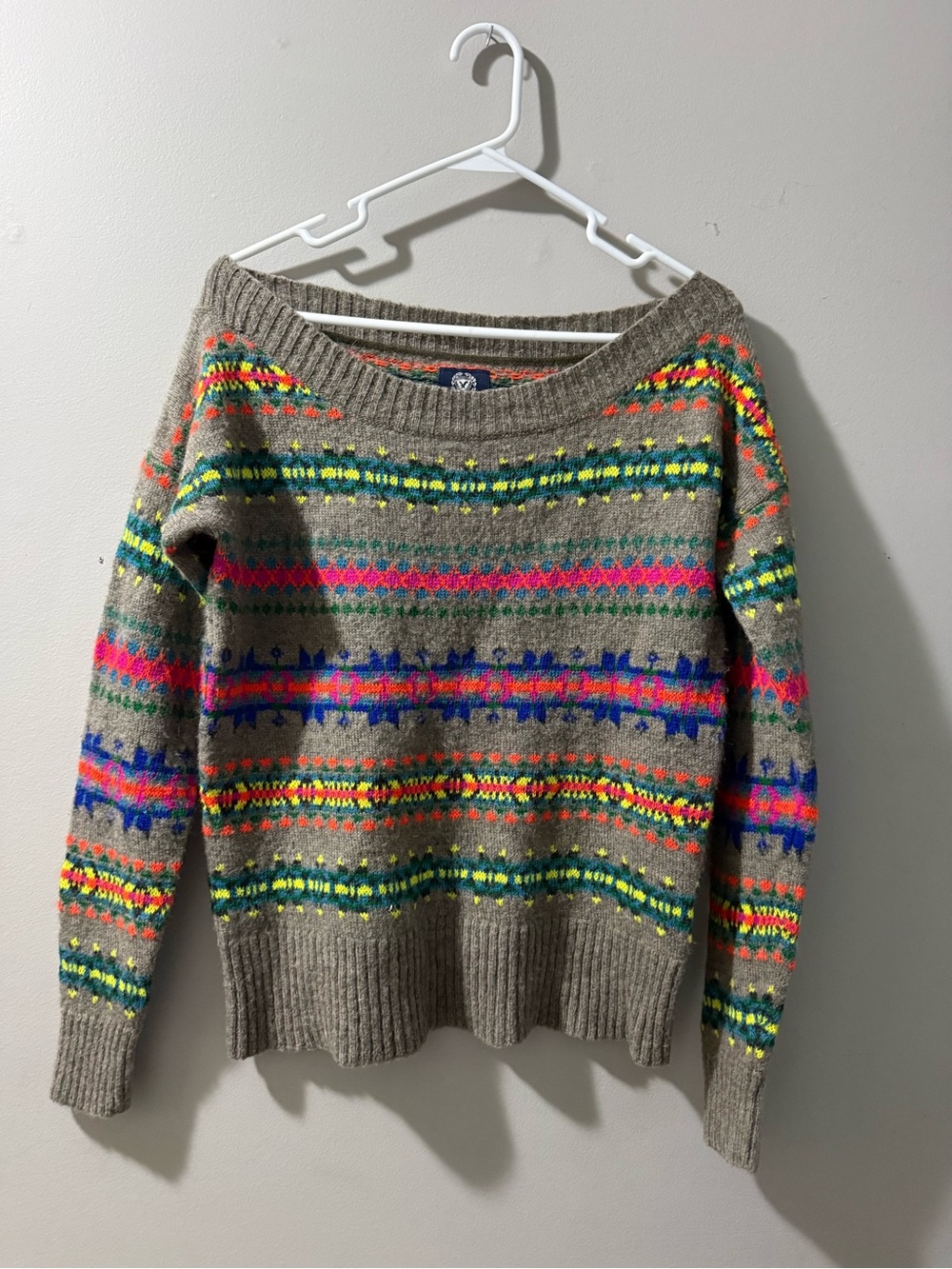 Y2k American Eagle Outfitters Wool Blend Taupe Sweater with Neon Stripe Pattern